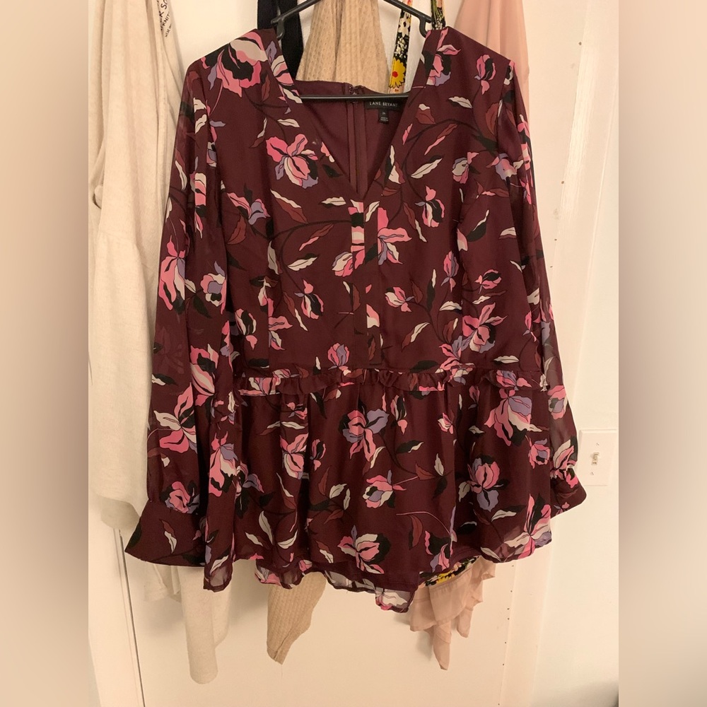 Lane Bryant Burgundy Floral Peplum Blouse